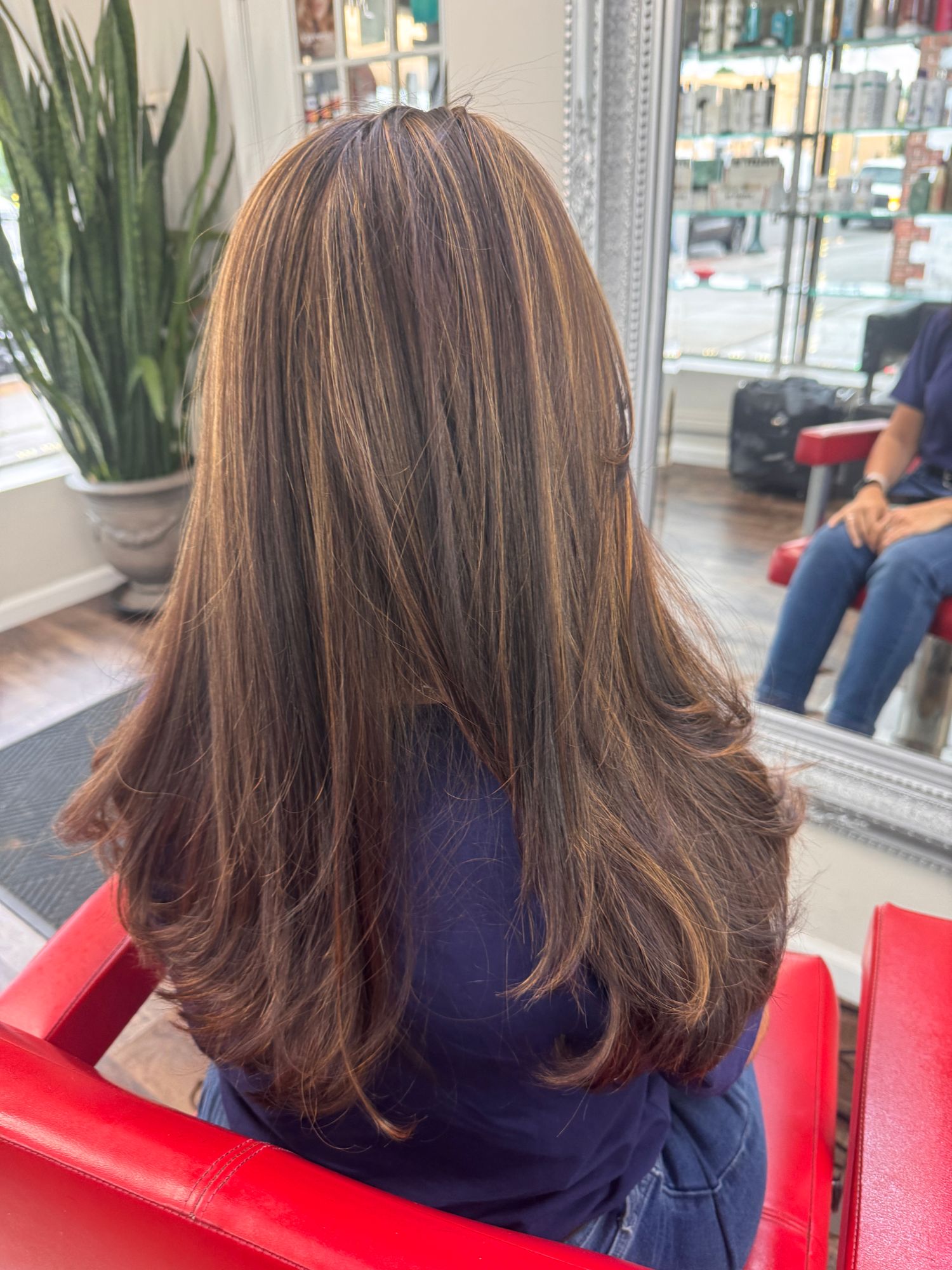 Golden highlights through long layers, back view